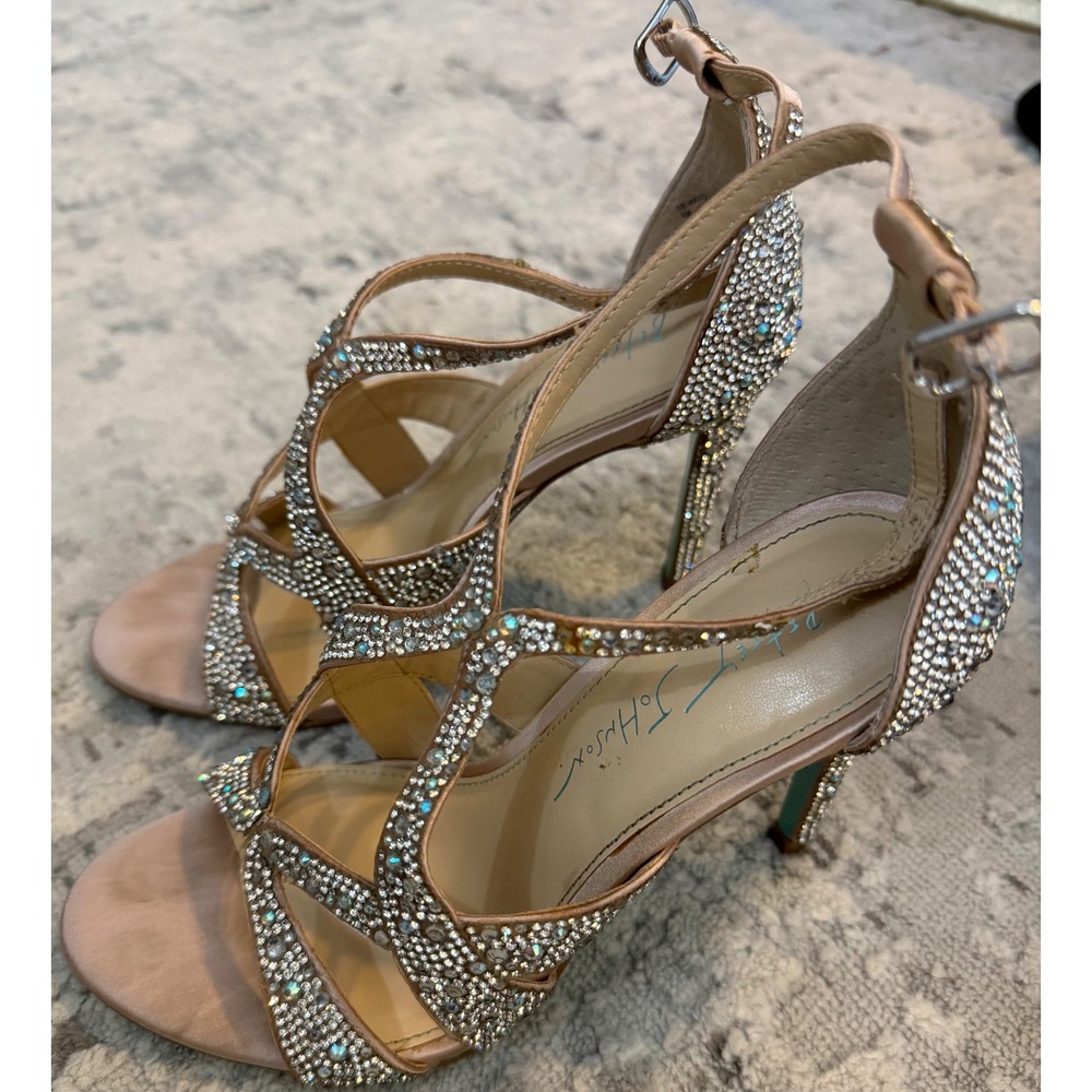 Betsey Johnson SB-Mayo Champagne Rhinestone Strappy Stiletto Heels Womens 6M